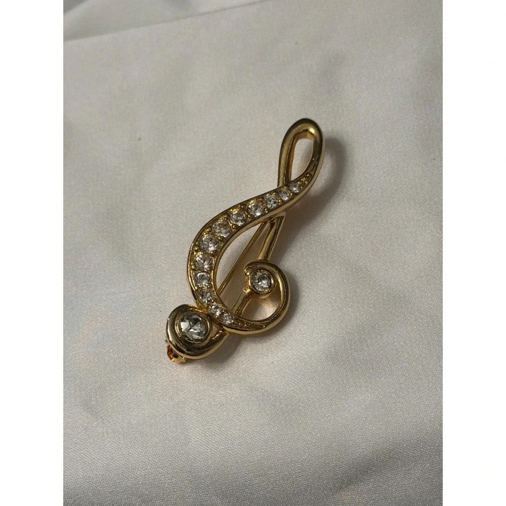 Gold Tone Treble Clef Brooch Clear Rhinestone Music Note G Clef Pin 1.75 Inch